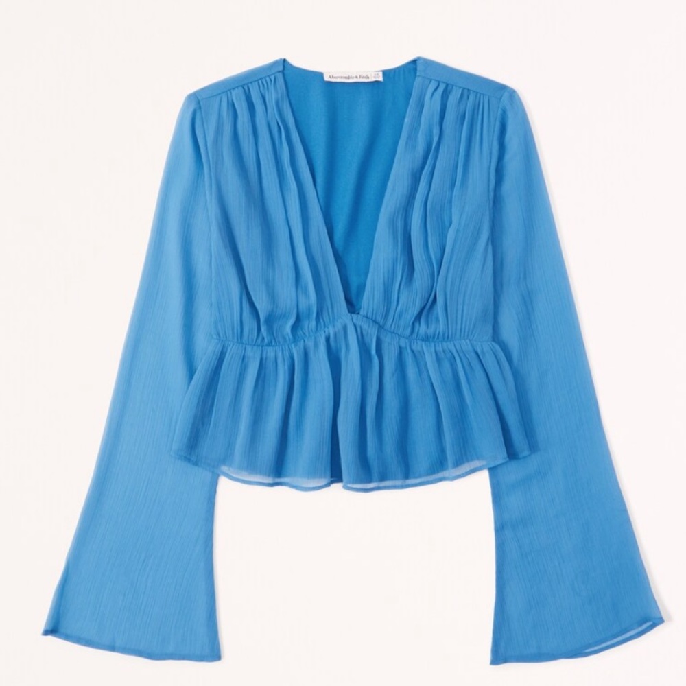 Long bell sleeve babydoll plunge sheet top dark blue Abercrombie blouse